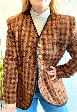 Vintage Oversized Brown Checked Blazer Button 80's Jacket