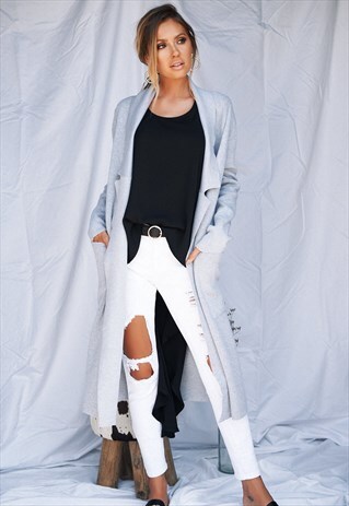 LONG GREY KNITTED CARDIGAN W DOUBLE LAPEL