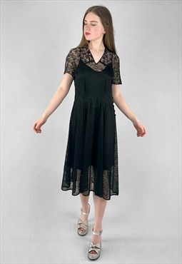 40's Vintage Antique Delicate Black Sheer Lace Dress