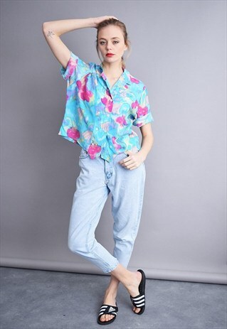 80'S RETRO HIPPIE FLORAL PRINT OVERSIZED MOM'S SHIRT TOP