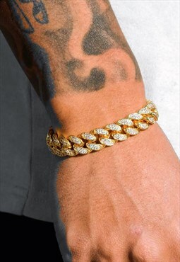 54 Floral 14mm Iced Diamond Curb Bracelet - Gold