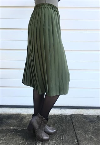 WOMENS VINTAGE KHAKI GREEN MIDI PLEATED HIGH WAISTED SKIRT