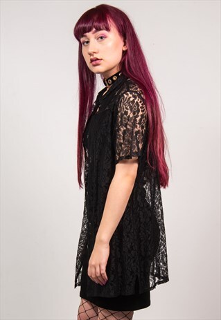 VINTAGE 90'S BLACK LACE PATTERN MESH OVERSIZED BLOUSE SHIRT