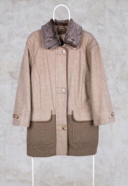 Vintage Faux Fur Wool Over Coat Beige Women's UK 14