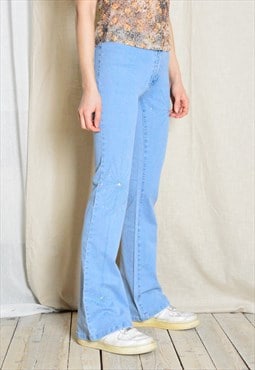Vintage 90s Light Blue Embroidered High Waisted Flare Pants