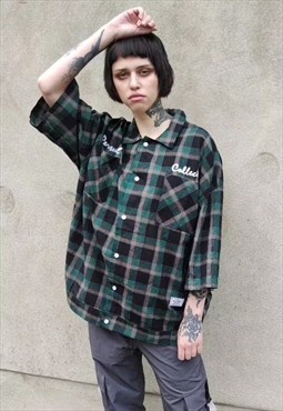 Retro plaid check shirt oversize short sleeve top in green