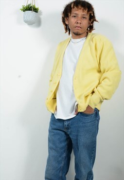Vintage 90s Preppy Cardigan in Yellow Unisex Size L