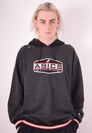 ASICS MENS VINTAGE HOODIE JUMPER LARGE GREY 90S