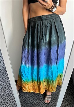 Boho Ombre Tie Dyed Maxi Indian Blue Yellow Summer Skirt L