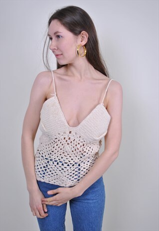 VINTAGE BEIGE KNIT TOP, 80S RETRO TANK LACE TOP