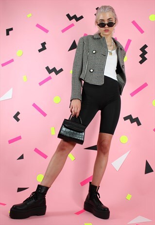 VINTAGE 90S Y2K BLACK & WHITE TARTAN CHECK CROPPED BLAZER
