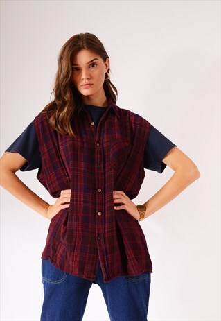 VINTAGE SLEEVELESS CHECK FLANNEL SHIRT BURGUNDY