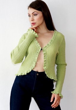 Frill Hem Cropped Y2k Cardigan Fine Knit Vintage Crop Top