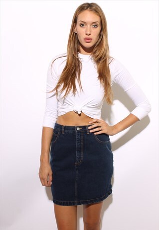 VINTAGE 1980'S 80'S DARK WASH BLUE DENIM JEAN MINI SKIRT M-L