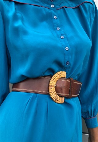 STRAW CIRCLE BUCKLE LEATHER BELT