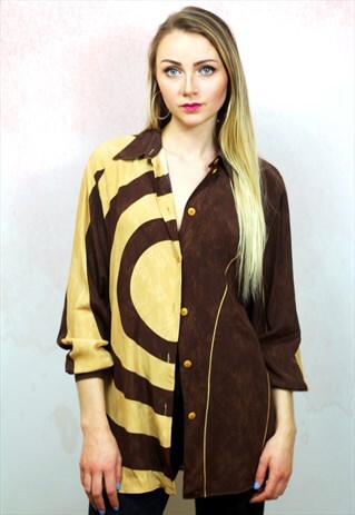 1990S VINTAGE BROWN AND MUSTARD SWIRL PATTERN SHIRT