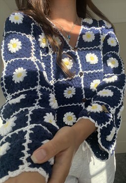 LAZY DAiSY Crochet Cardigan in Dark Navy Blue