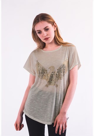 SHORT SLEEVE T SHIRT WITH GOLD GEOMETRIC EAGLE DESIGN BROWN