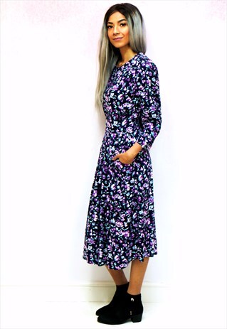 1980S VINTAGE PURPLE FLORAL LONG SLEEVE MIDI DRESS