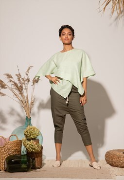 Drop crotch linen pants in cropped carrot fit 