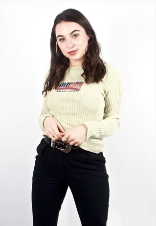 90'S RARE RETRO RIBBED CREAM SPELL-OUT SWEATSHIRT