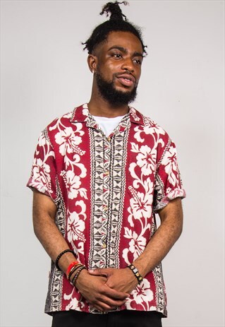 VINTAGE 90'S RED FLORAL HAWAIIAN SHORT SLEEVE SHIRT