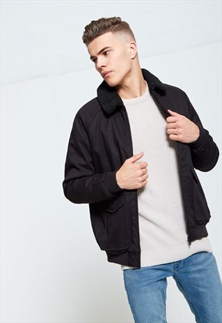 MENS FLEECE COLLAR BLACK BOMBER JACKET