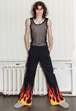 90's Vintage epic rave flare trousers on fire in black & red