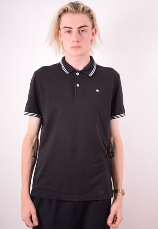 CHAMPION MENS VINTAGE POLO SHIRT MEDIUM BLACK 90S