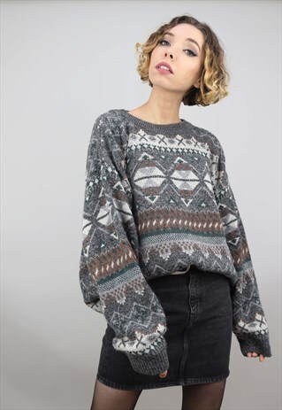 VINTAGE 80S 90S OVERSIZED PATTERNED KNIT JUMPER