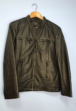Calvin Klein Biker Jacket Mens Black Leather Collarless Zip