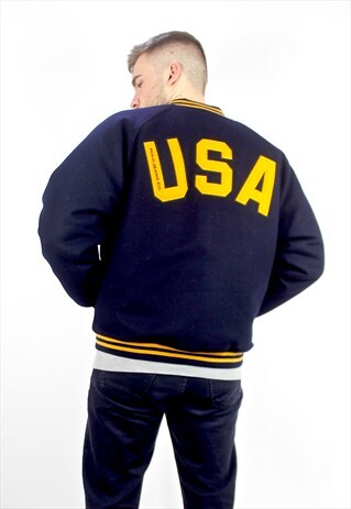90'S VINTAGE RARE NAVY & YELLOW BASEBALL BOMBER JACKET