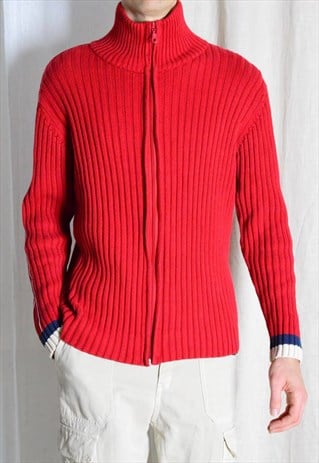 Y2K Red Ribbed Knit Striped Zipper Cardigan Jacket