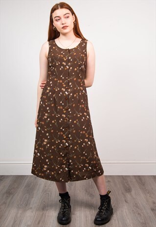 VINTAGE 90'S BROWN FLORAL PATTERN SLEEVELESS MIDI DRESS