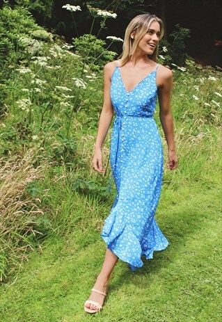 BLUE DITSY PRINT HIGH LOW MAXI DRESS