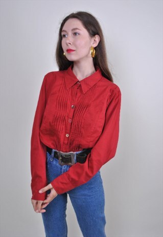 80S RED COTTON BLOUSE, VINTAGE LONG SLEEVE RUFFLE SHIRT