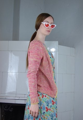 VINTAGE Y2K CROCHET SHORT CARDIGAN JACKET IN LIGHT NEON PINK