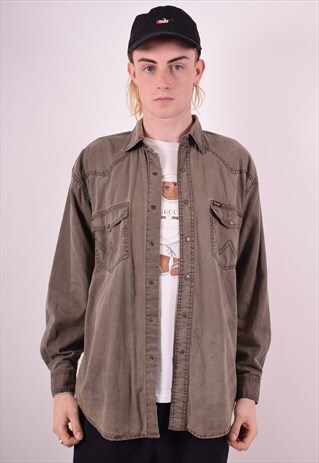 WRANGLER MENS VINTAGE DENIM SHIRT MEDIUM BROWN 90S
