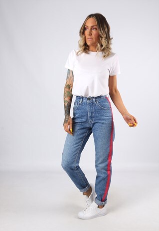 HIGH WAISTED SIDE STRIPE REWORKED JEANS TAPERED UK 8 (31T)