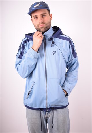 ASICS MENS VINTAGE HOODIE JACKET MEDIUM BLUE 90S