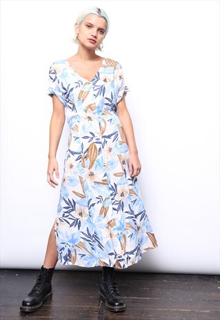 VINTAGE 90S BLUE FLORAL PRINT BUTTON MIDI DRESS