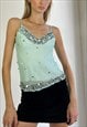 VINTAGE Y2K MESH CAMI TOP BLUE SEQUINNED SUMMER FESTIVAL