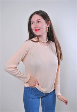 Women vintage beige minimalist pullover blouse 
