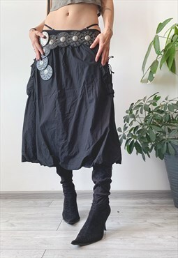 Vintage Y2K 00's Black Baggy Creased Goth Midi Skirt