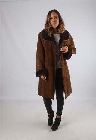 VINTAGE SHEEPSKIN SUEDE SHEARLING COAT UK 16 - 18 (C9BV)