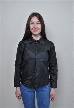 Minimalist black jacket, 90s style women jacket, zipped up 