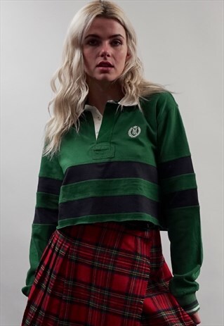 VINTAGE 90'S GREEN STRIPED REWORKED HENRY LLOYD CROP POLO