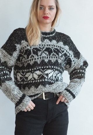 VINTAGE 80S FUNKY UNISEX WINTER JUMPER IN GREY WOOL