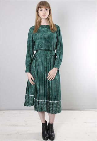 VINTAGE 80S GREEN PATTERNED SATIN PLEAT MIDI DRESS