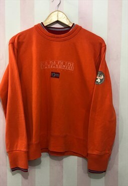 Vintage Napapijri Geographic spell out orange sweatshirt.